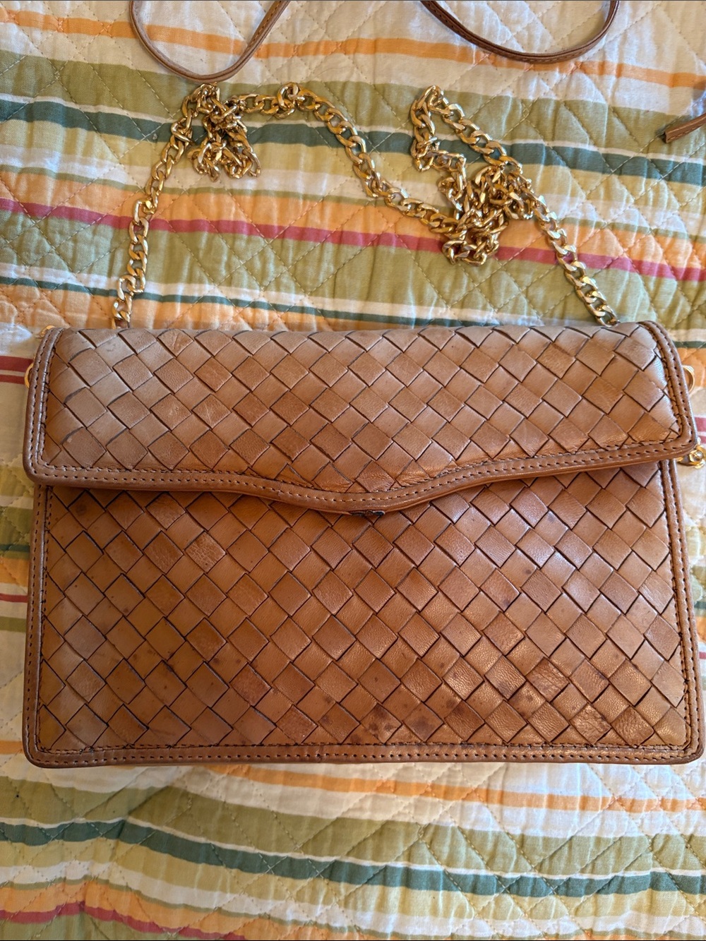 Bottega Veneta Tan Intrecciato Leather Crossbody with Gold Chain